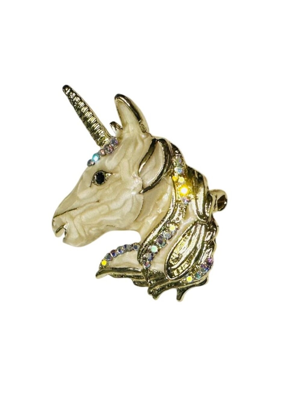 Unicorn Head Rhinestone Enamel Brooch Pin Gold-Tone